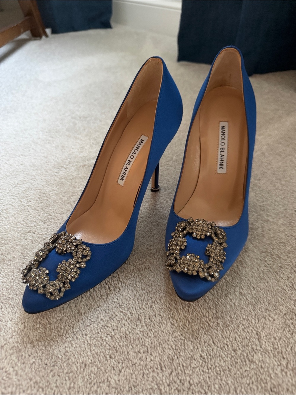 Manolo Blahnik Royal Blue Satin Pumps with Crystal-Embellished Buckle